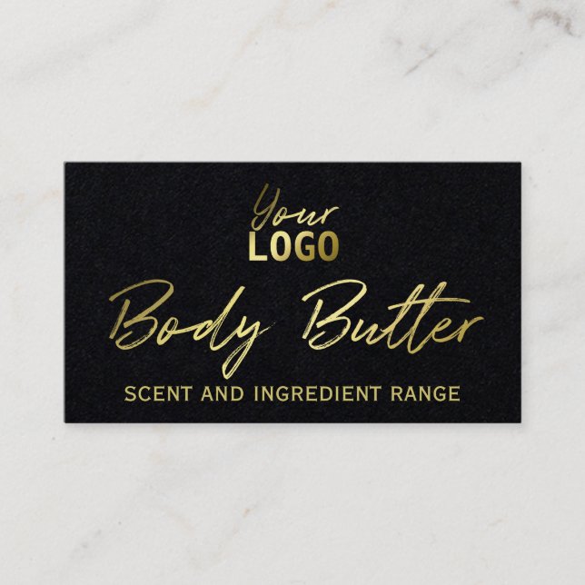 Sleek Black Body Butter Ingredients With Gold Text Business Card (Front)