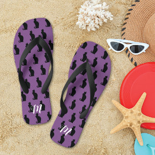 Sleek Black Cat Pattern Monogram Jandals