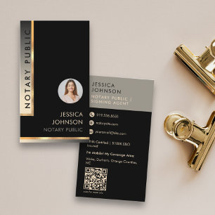 Sleek Black Cream Modern Photo QR Notary Business Card