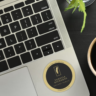 Sleek Black Gold Feather Notary Marketing Contact Classic Round Sticker