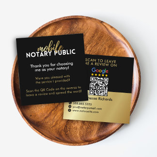 Sleek Black & Gold Google Review QR Code Notary  Square Business Card