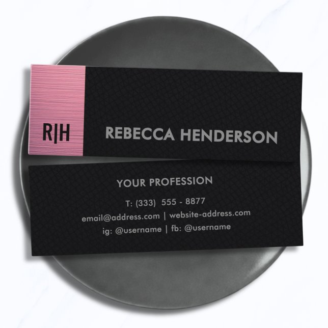 Sleek Black Leather & Pink Metallic Panel Monogram Mini Business Card (Creator Uploaded)