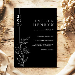 Sleek Black Line Floral Elegant Wedding Invitation