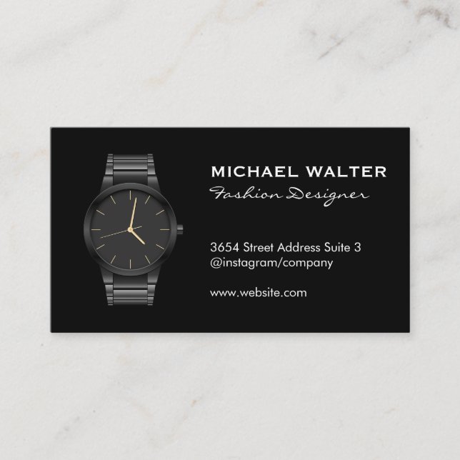 Sleek Black Luxury Watch Business Card (Front)