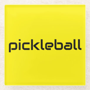 Sleek Black PICKLEBALL Text On Bright Yellow Glass Coaster