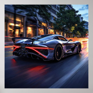 🖤 Sleek Black Sports Car Night City Modern Speed  Poster
