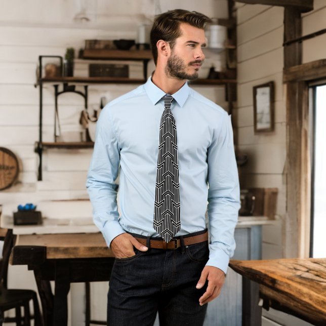 Sleek Black White Art Deco Mites Mens Chic Tie (Sleek Black White Art Deco Mites Mens Chic Neck Tie Male Model Standing in Room)