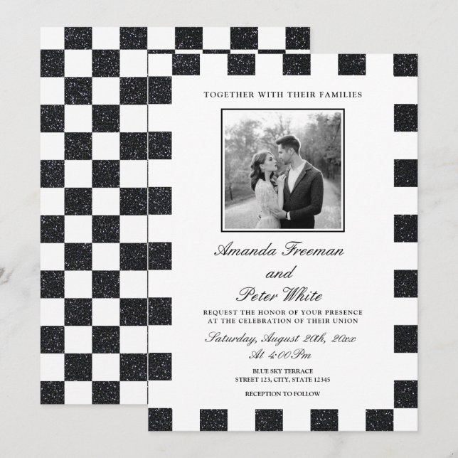 Sleek Black & White Glitter Chequerboard Wedding Invitation (Front/Back)