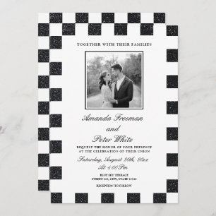 Sleek Black & White Glitter Chequerboard Wedding Invitation