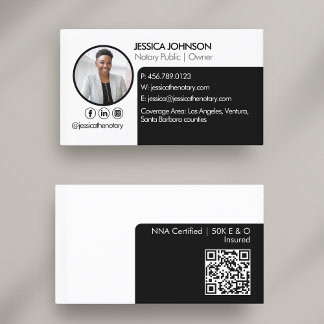 Sleek Black | White Minimal Modern Notary Photo QR Business Card