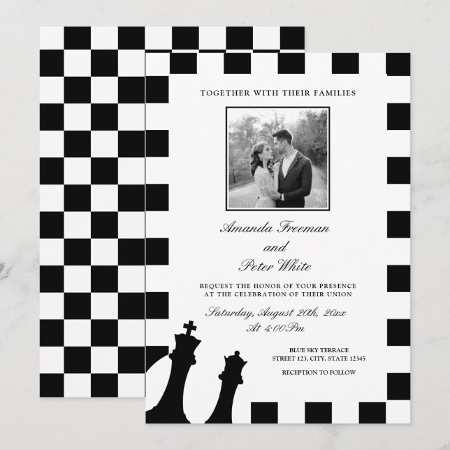 Sleek Black & White Photo Checkers Pattern Wedding Invitation (Front/Back)