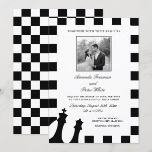 Sleek Black & White Photo Checkers Pattern Wedding Invitation