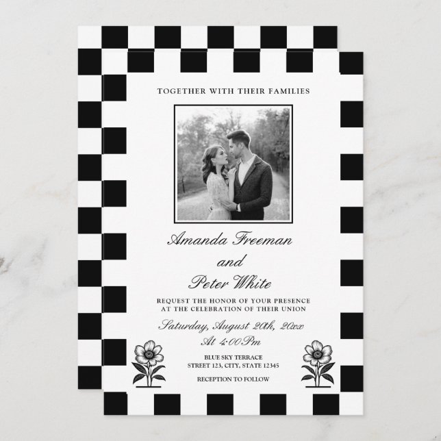 Sleek Black & White Photo Chequerboard Wedding Invitation (Front/Back)