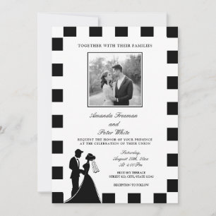 Sleek Black & White Photo Chequered Couple Wedding Invitation
