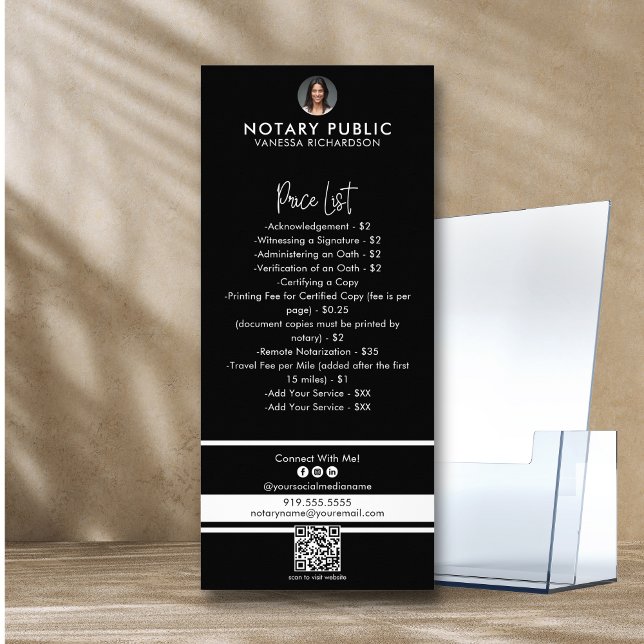 Sleek Black & White QR Code Notary Price List Rack Card (Creator Uploaded)