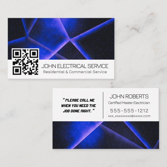 Sleek Blue Geometry Electrician with QR Code Business Card (Front/Back)