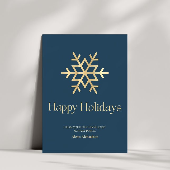 Sleek Blue Gold Snowflake Notary Happy Holidays Holiday Card (Creator Uploaded)