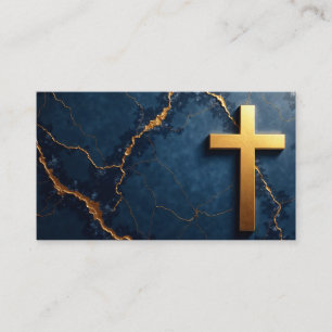 Sleek Blue Marble with Golden Cross Business Card