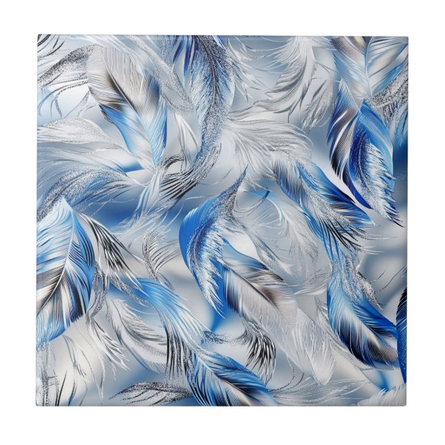 Sleek Blue Silver Feather Pattern Modern Art Tile (Front)