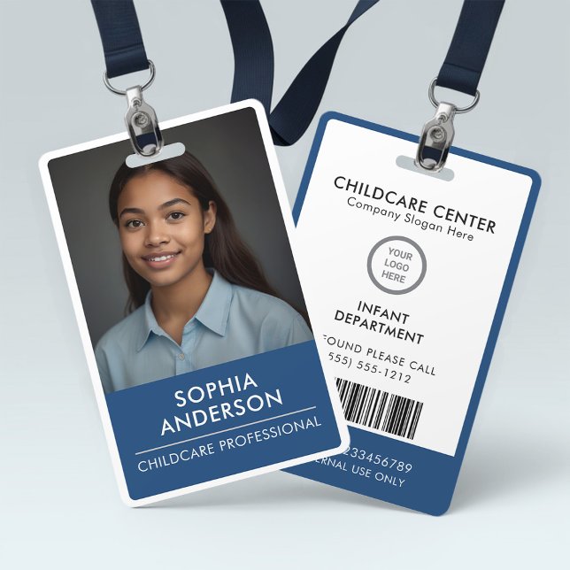 Sleek Blue & White Modern Minimalist Childcare ID ID Badge (Creator Uploaded)