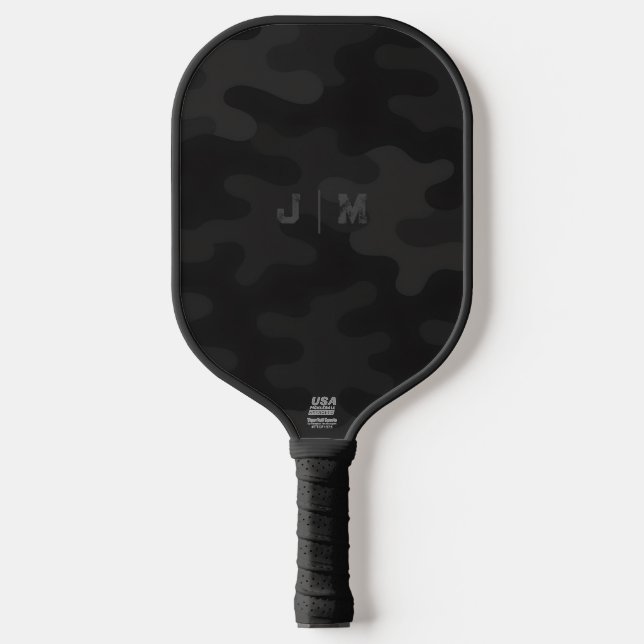 Sleek Camo Deep Black Dark Charcoal Monogram Pickleball Paddle (Front)