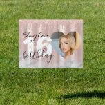 Sleek Chic 16th Birthday Photo Script Pink Yard Garden Sign<br><div class="desc">Sleek Chic 16th Birthday Photo Script Rose Gold pink girly elegant Yard Sign</div>