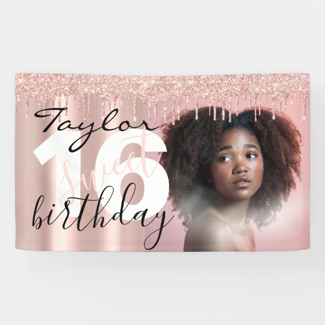 Sleek Chic 16th Birthday Photo Script Rose Gold Banner (Horizontal)