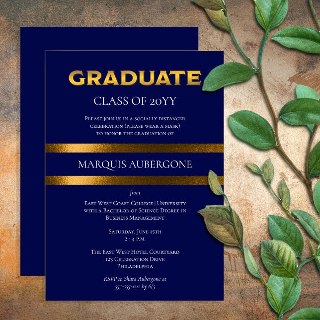 Sleek College | Univ Blue | Gold Graduation Party Invitation (Creator Uploaded)