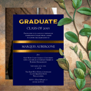 Sleek College   Univ Blue   Gold Graduation Party Invitation