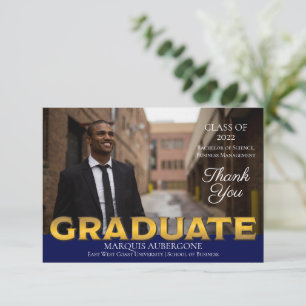 Sleek College Univ Photo Graduate Blue Gold Thank You Card
