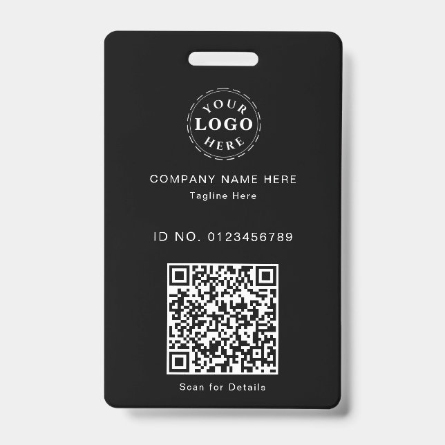 Sleek Custom Black ID Badge – Logo & Scannable QR (Front)