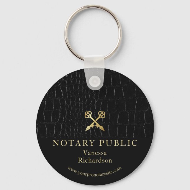 Sleek Glossy Black Crocodile Gold Icon Notary  Key Ring (Front)