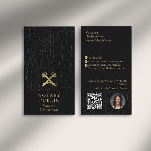 Sleek Glossy Black Crocodile Gold Notary Icon QR  Business Card