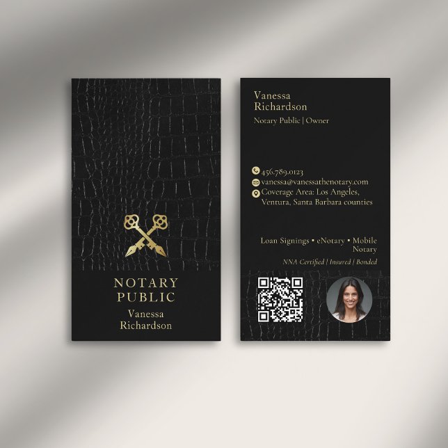 Sleek Glossy Black Crocodile Gold Notary Icon QR  Business Card (Creator Uploaded)