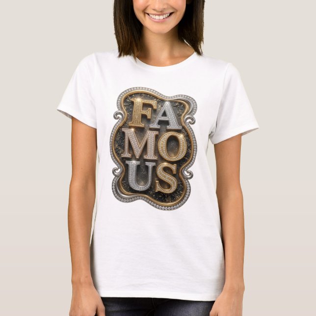 Sleek Gold FAMOUS 3D Text Art T-Shirt (Front)