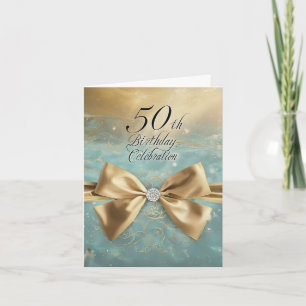Sleek Gold Floral 50th Birthday Diamond Bow  Invitation