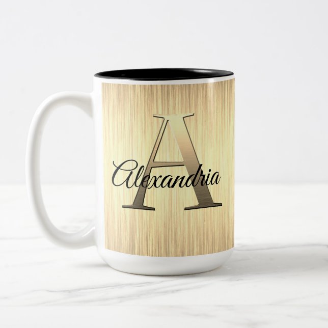 Sleek Gold Monogram Two-Tone Coffee Mug (Left)