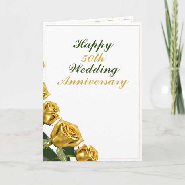 Sleek Gold Roses 50th Wedding Anniversary Card (Front)