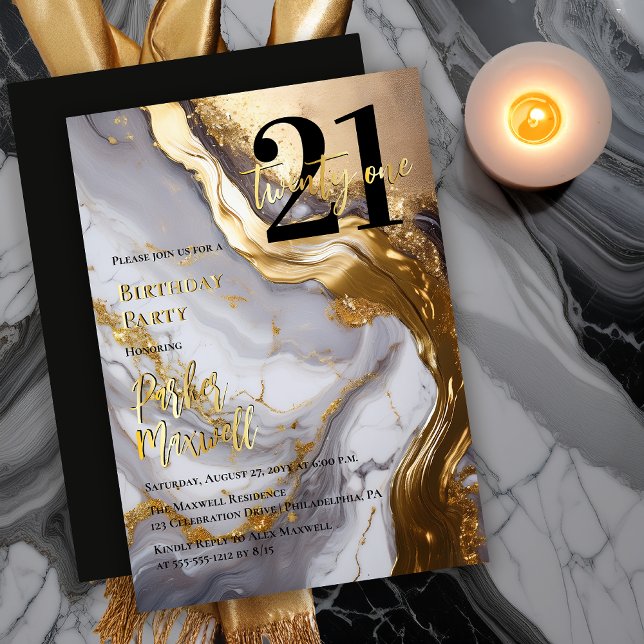 Sleek Gold | White Marble Modern 21 Birthday Party (Sleek Faux Gold and White Marble Modern "21" 21st Birthday Party Invitation - Real Foil Text Accents)