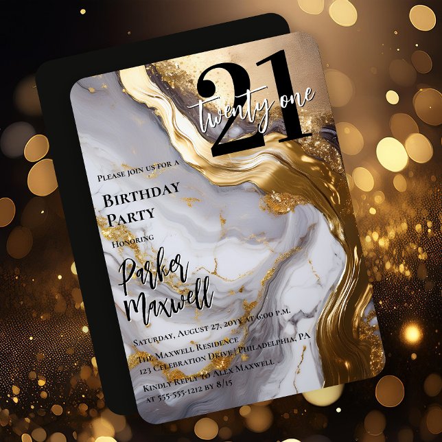 Sleek Gold | White Marble Modern 21 Birthday Party Invitation (Sleek Faux Gold and White Marble Modern "21" 21st Birthday Party Invitation - Print | Digital )