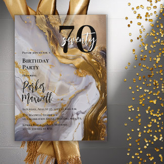 Sleek Gold | White Marble Modern 70 Birthday Party Acrylic Invitations
