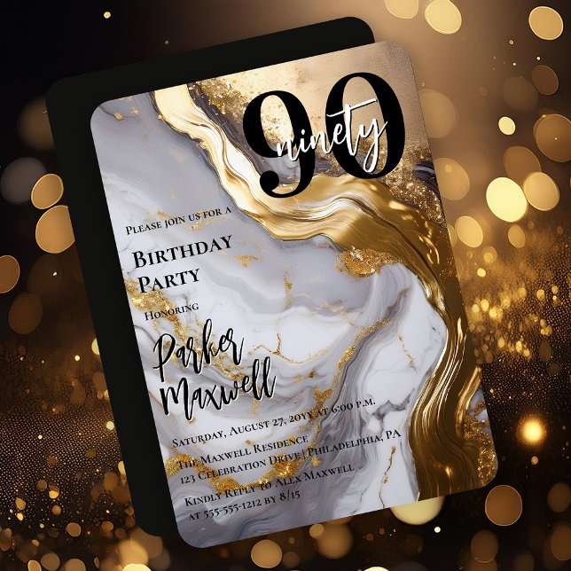 Sleek Gold | White Marble Modern 90 Birthday Party Invitation (Sleek Faux Gold and White Marble Modern "90" 90th Birthday Party Invitation - Print | Digital )
