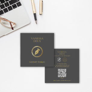 Sleek Grey & Gold Notary Pen QR Logo Elegant Square Business Card