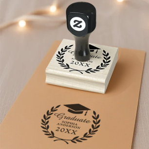 Sleek Laurel Wreath Graduation Name & Class Emblem Rubber Stamp