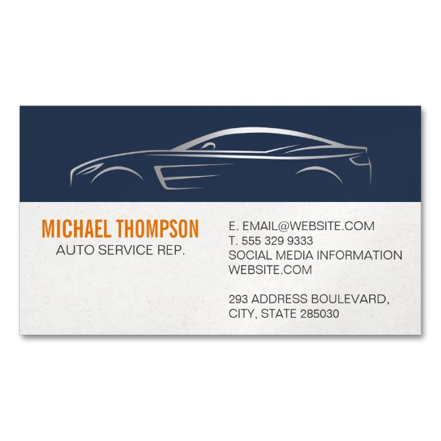 Sleek Metallic Sports Car Illustration Magnetic Business Card (Front)