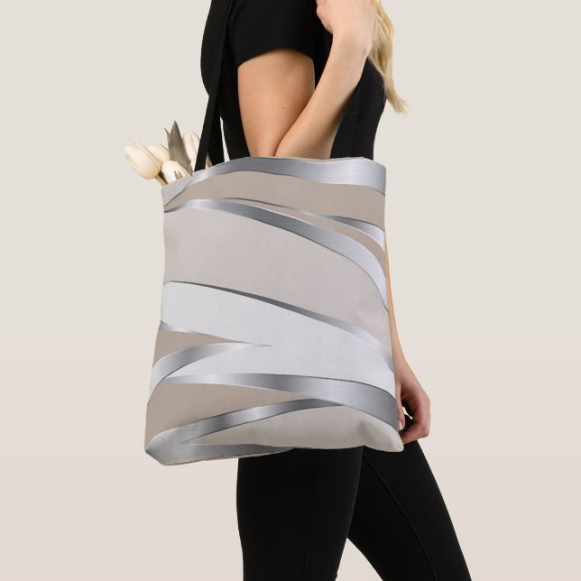 Sleek Metallic Wave Beige and white Tote Bag (Close Up)