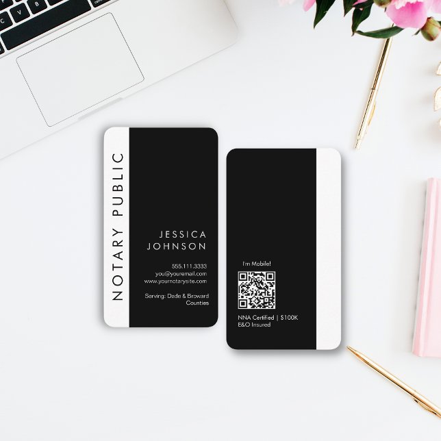 Sleek Minimal Black White Notary QR Code Business Card (Creator Uploaded)