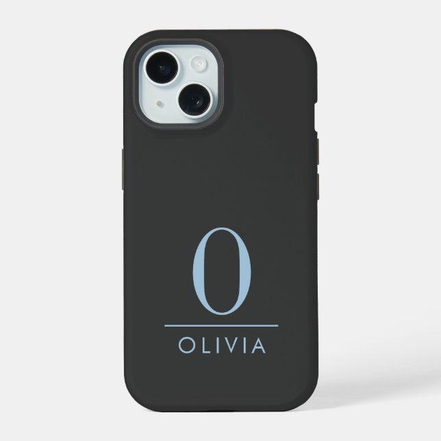 Sleek Minimalist Blue Monogram Black iPhone 15 Case (Back)