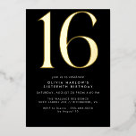 Sleek Modern Black and Gold | Cool 16th Birthday<br><div class="desc">Modern style 16th birthday invitations with a large heading "16" in real metallic foil on a contrasting black background. (Background colours can be changed by using the design tool. You can also change the type of metallic foil.)</div>