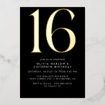 Sleek Modern Black and Gold | Cool 16th Birthday<br><div class="desc">Modern style 16th birthday invitations with a large heading "16" in real metallic foil on a contrasting black background. (Background colours can be changed by using the design tool. You can also change the type of metallic foil.)</div>